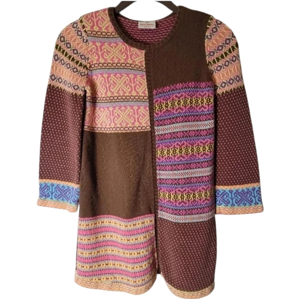 HANNA ANDERSSON Girls brown base colorful knit casual school dress, size 6/7